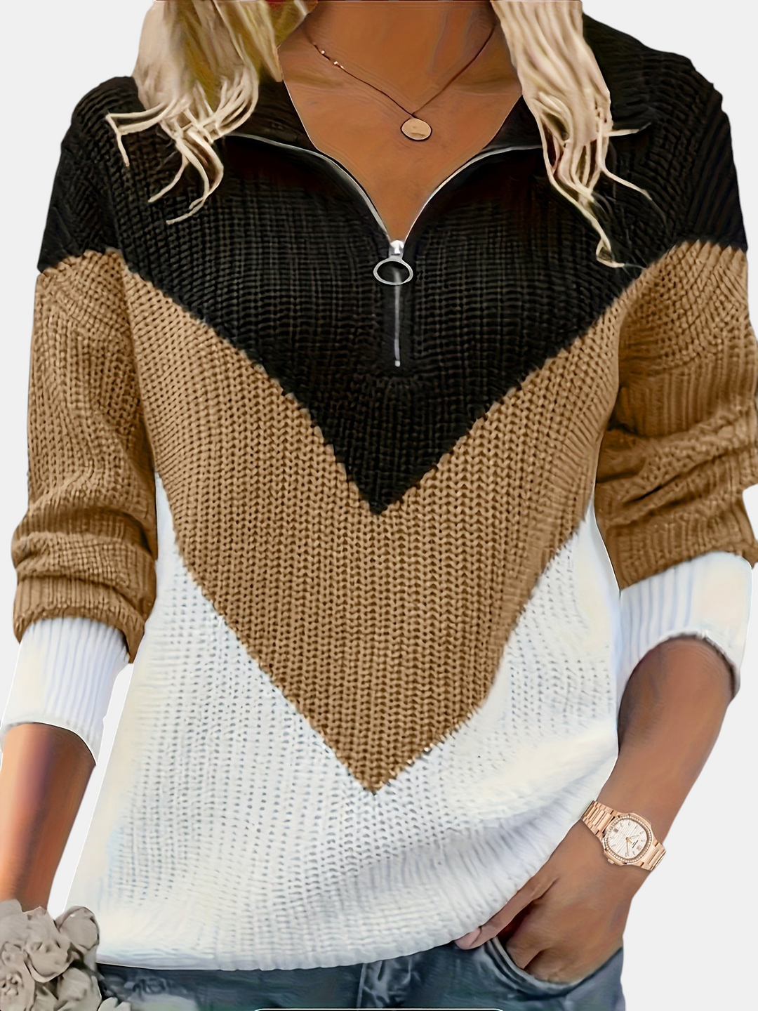 Margaret Dublin V-neck jumper with zip fastening and colour-block panels in black, brown and white.