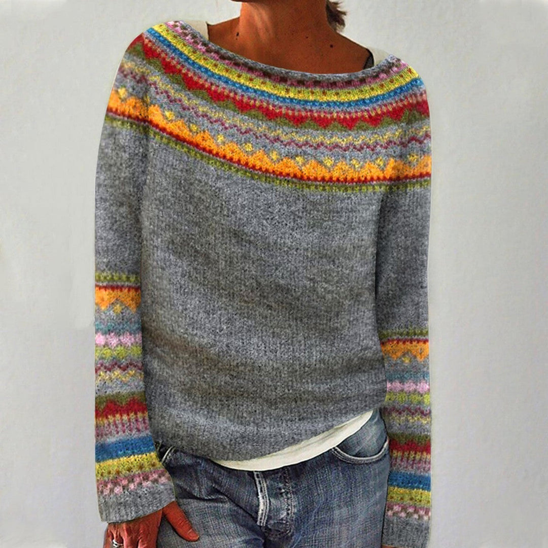 Eerika | Grey Retro Jumper with Rainbow Stripes