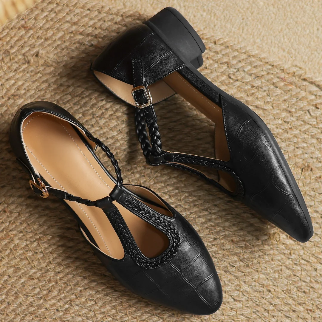 Greta – Classic Leather T-Bar Shoes with Braided Detail