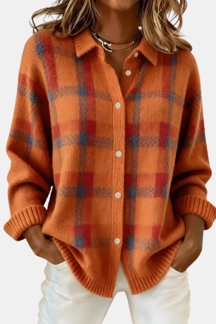 Marguerite Dublin soft-knit orange cardigan with check pattern, front buttons and a relaxed fit.