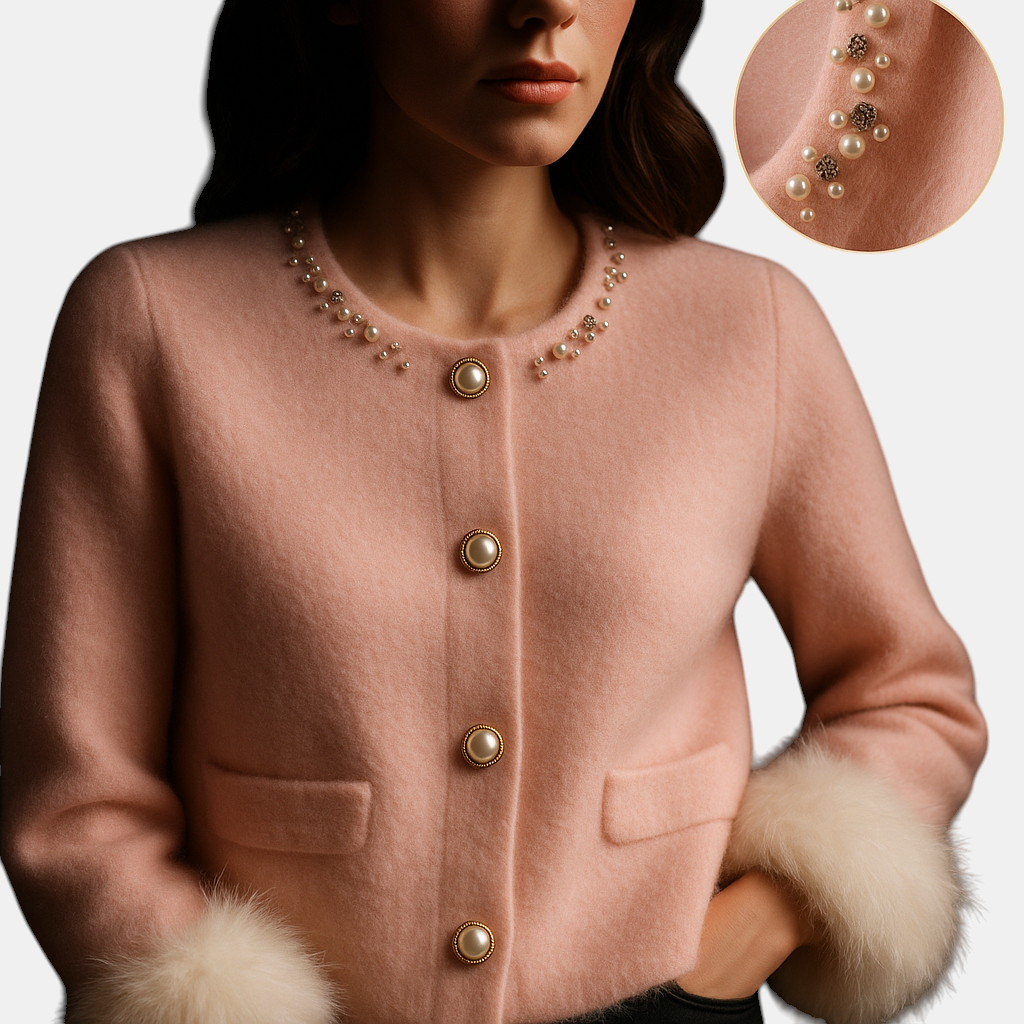 Margaret Dublin pink cardigan with hand-applied pearls, gold buttons and soft, refined-texture cuffs.