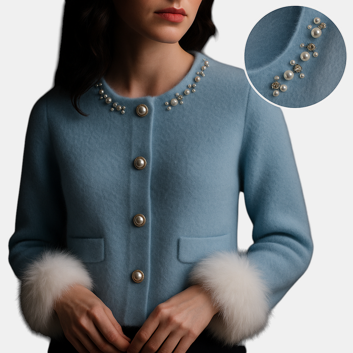 Margaret Dublin light blue cardigan with hand-applied pearls and soft, refined-texture cuffs.