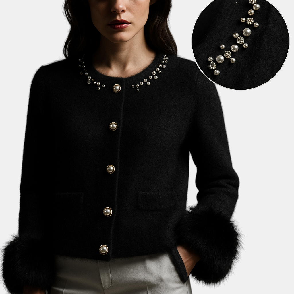 Margaret Dublin black cardigan with hand-applied pearls and soft-texture cuffs, elegant winter style.