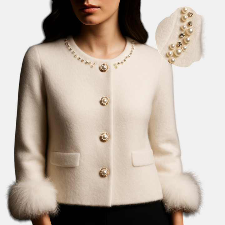 Margaret Dublin soft-texture beige cardigan with hand-applied pearls and elegant faux-fur cuffs.