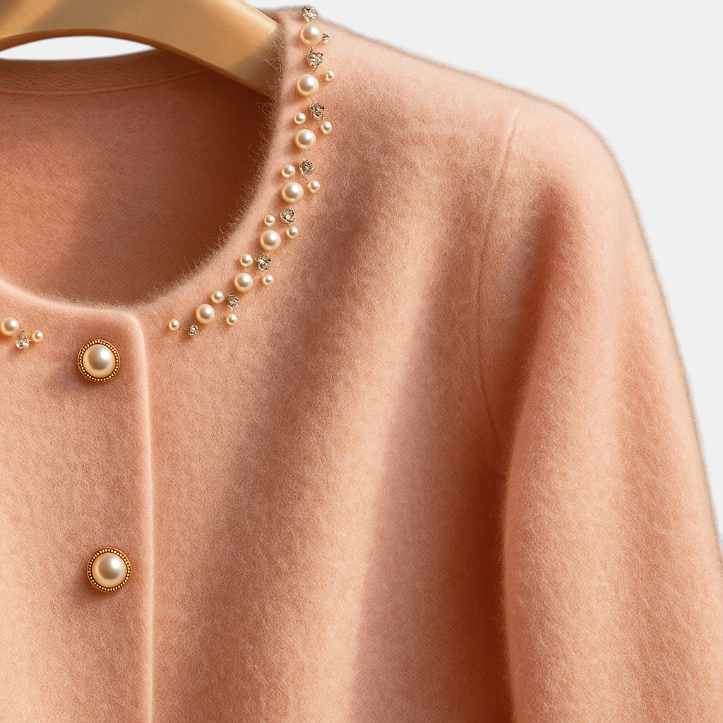 Margaret Dublin pink cardigan with hand-applied pearls at the neckline and elegant gold buttons.