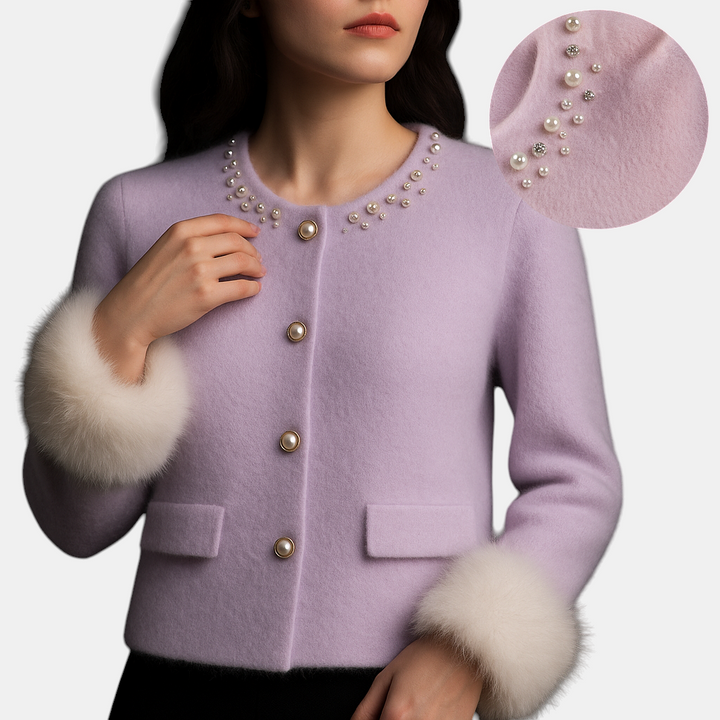 Margaret Dublin soft pink cardigan with hand-applied pearls and elegant faux-fur cuffs.