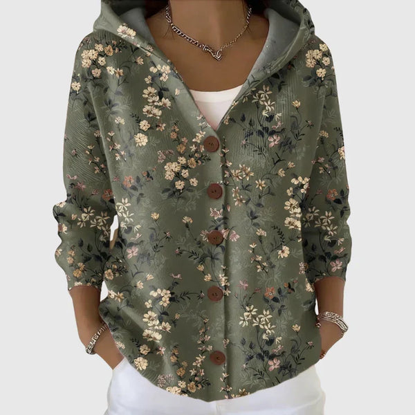 Solène - Khaki Hooded Cardigan with Small Flowers