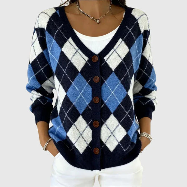 Mireille - Button-Up Cardigan with Blue Argyle Pattern