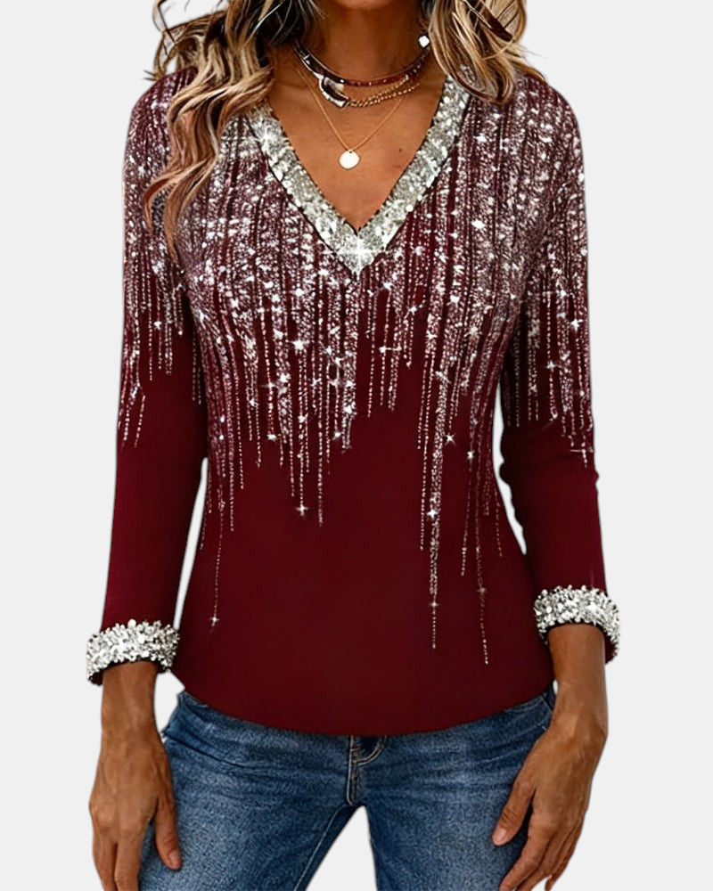 Margaret Dublin Ariana burgundy blouse with V-neck, sparkly details and elegant long sleeves.