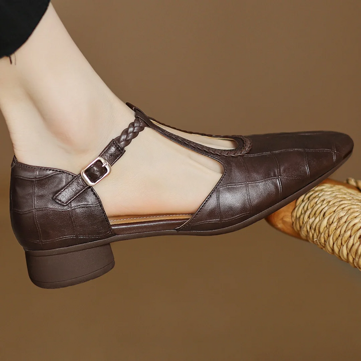 Greta – Classic Leather T-Bar Shoes with Braided Detail