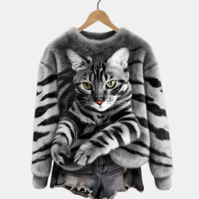 Camisola Margaret Dublin cinzenta com estampado realista de gato, corte largo e textura macia e felpuda.