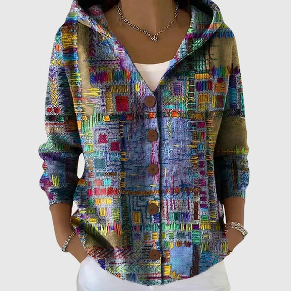 Noémie - Hooded Cardigan with Multicolour Mosaic Print