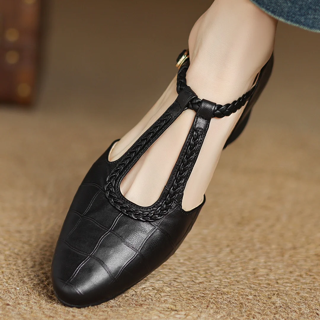 Greta – Classic Leather T-Bar Shoes with Braided Detail