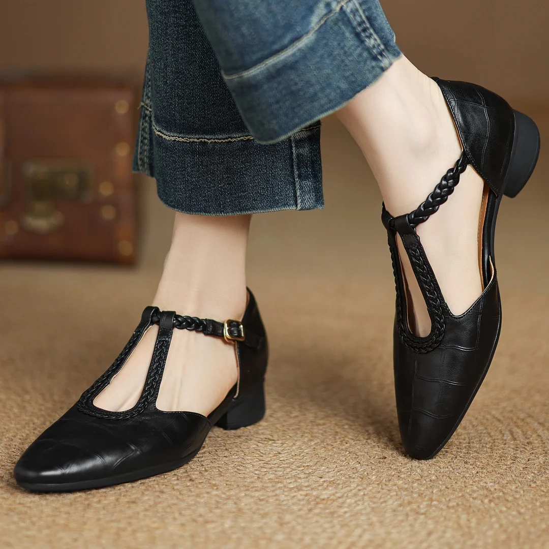 Greta – Classic Leather T-Bar Shoes with Braided Detail