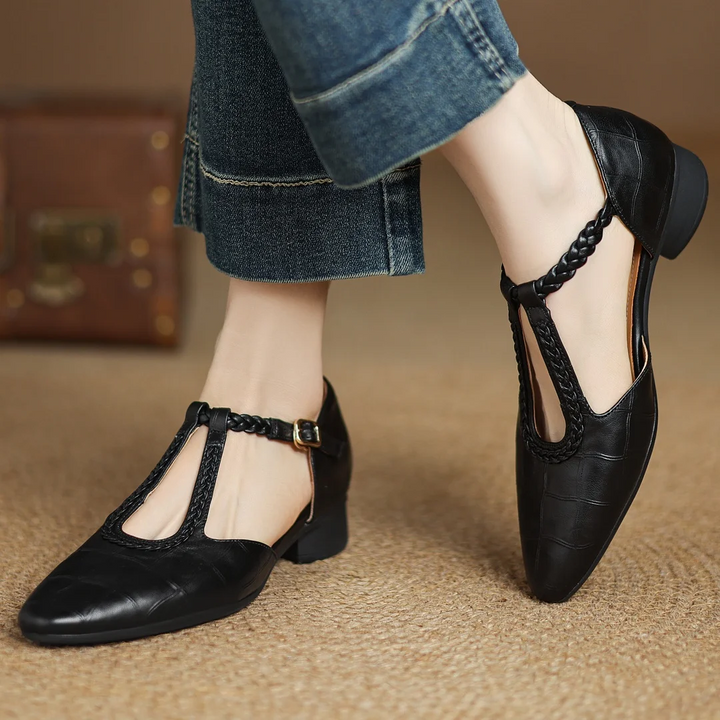 Greta – Classic Leather T-Bar Shoes with Braided Detail