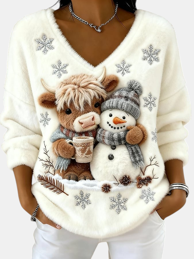 Camisola de inverno branca Margaret Dublin com decote em V, estampa festiva de boneco de neve e rena, tecido macio.