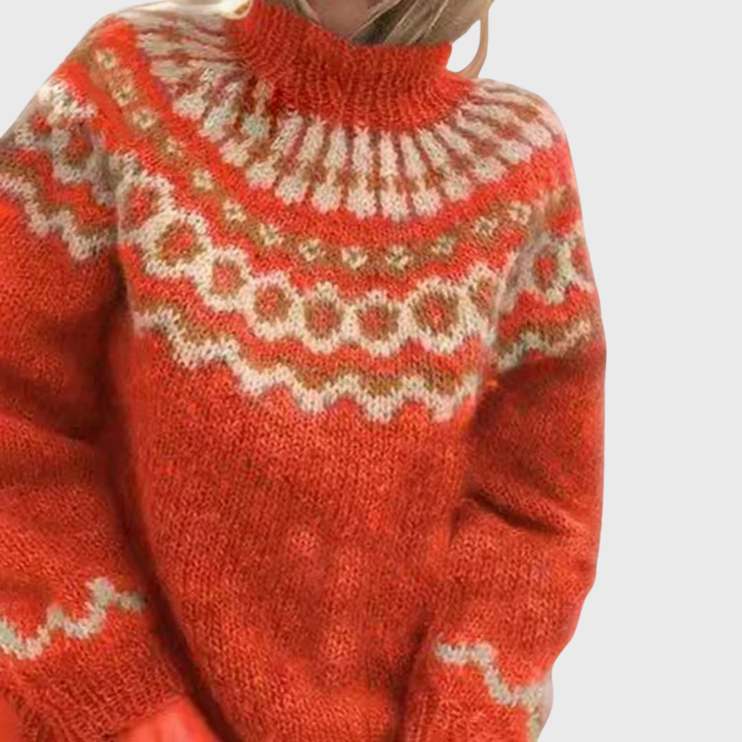 Sonja | Blue Jumper with Stand Collar and Nordic Pattern