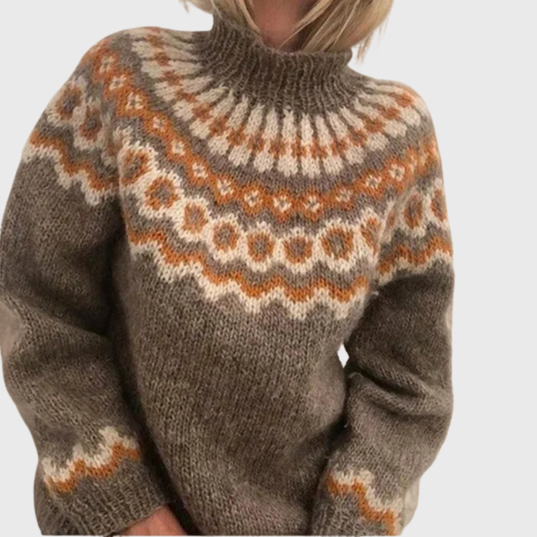 Sonja | Blue Jumper with Stand Collar and Nordic Pattern