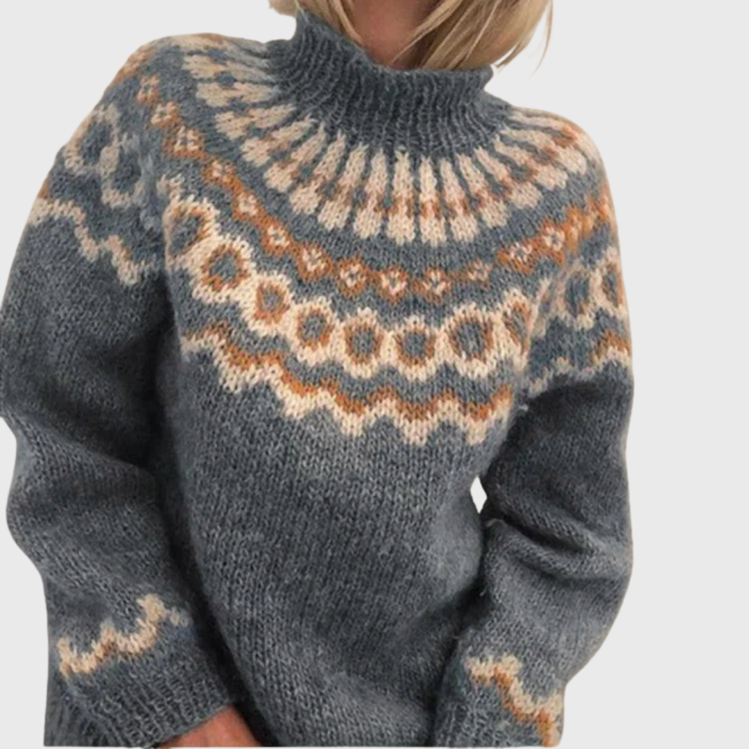 Sonja | Blue Jumper with Stand Collar and Nordic Pattern