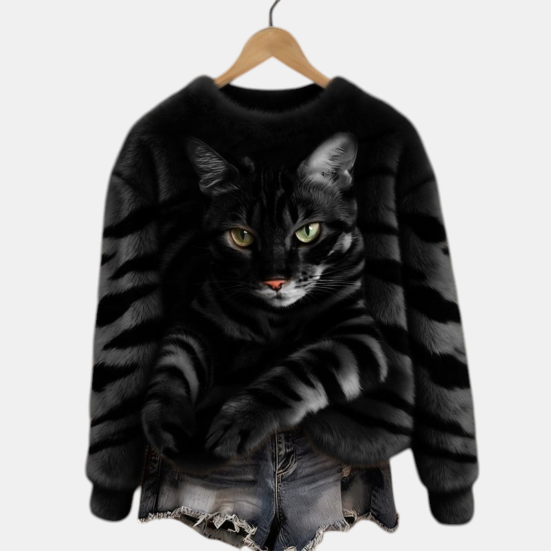 Sweater Margaret Dublin preto com estampa realista de gato, textura macia e corte confortável para o dia a dia.