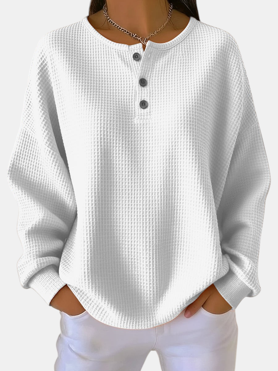 Margaret Dublin white waffle-knit jumper with henley neckline and buttons, loose comfortable fit.
