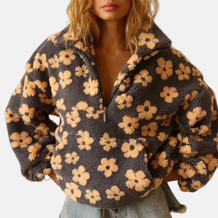 Casaco Margaret Dublin de sherpa fleece cinzento com padrão floral bege, gola alta e fecho de correr frontal