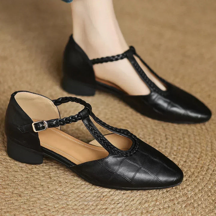 Greta – Classic Leather T-Bar Shoes with Braided Detail
