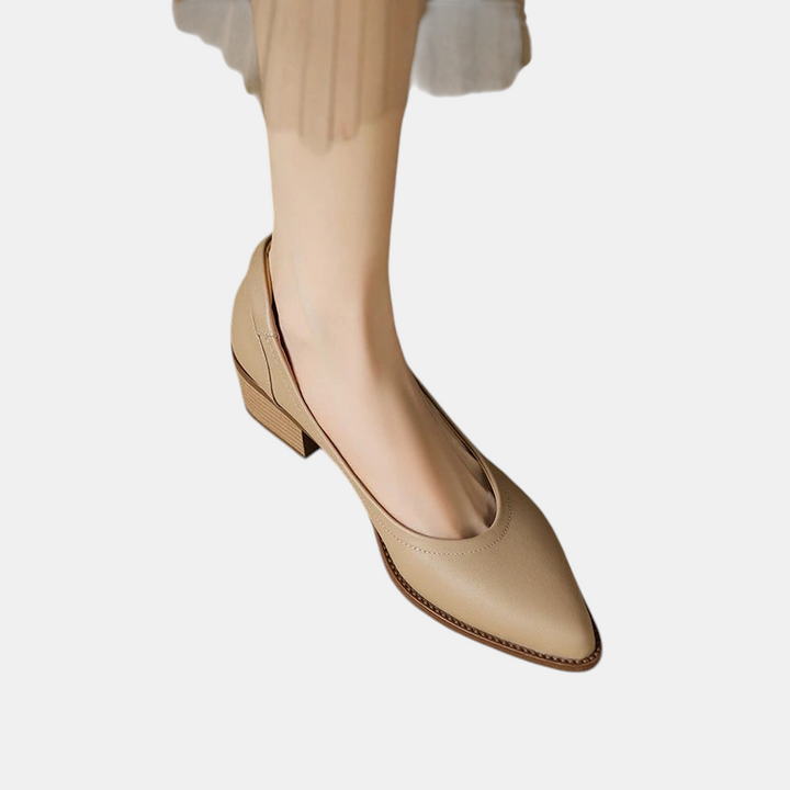 Sapatos de salto médio Margaret Dublin em tom bege com biqueira pontiaguda e design elegante para um look feminino.