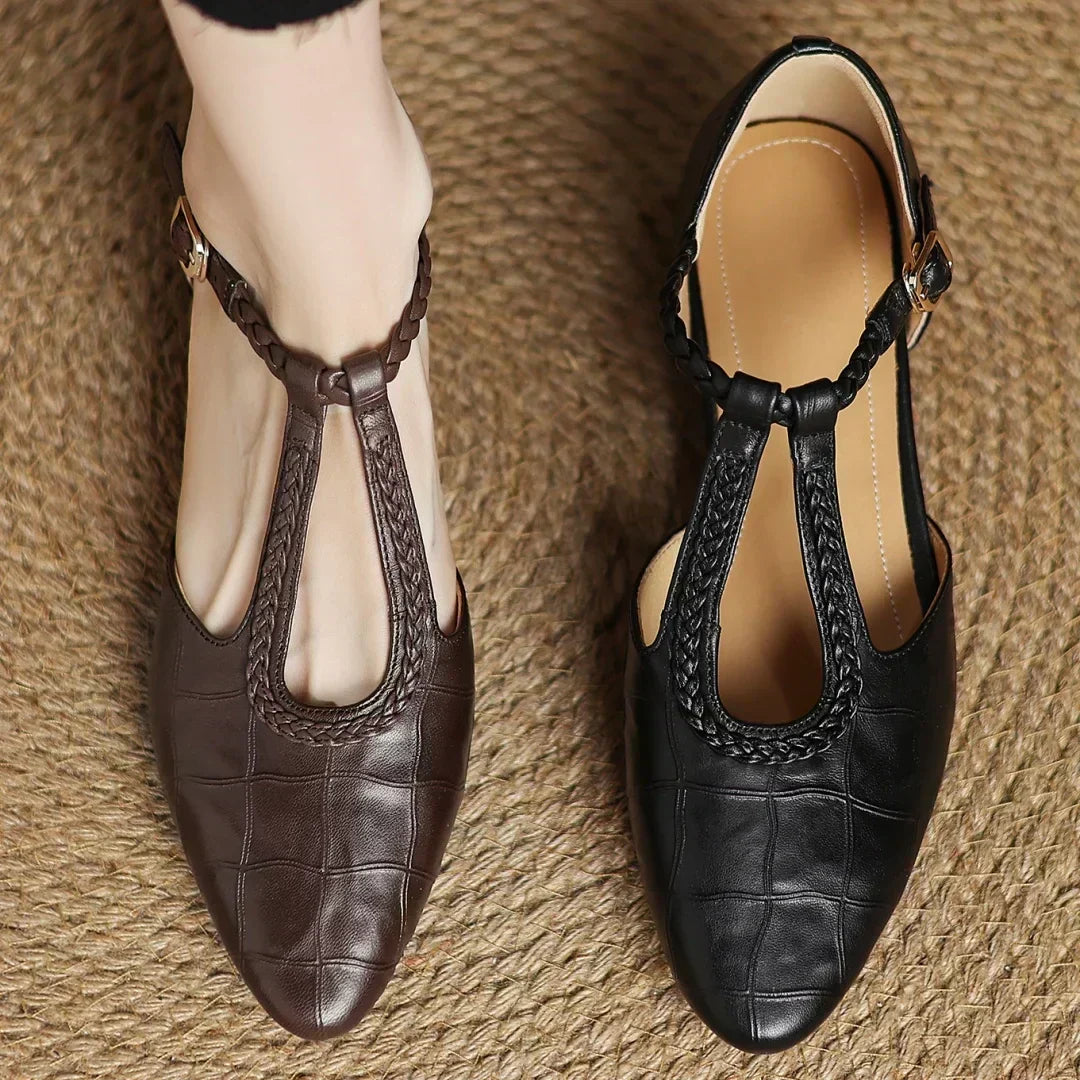 Greta – Classic Leather T-Bar Shoes with Braided Detail