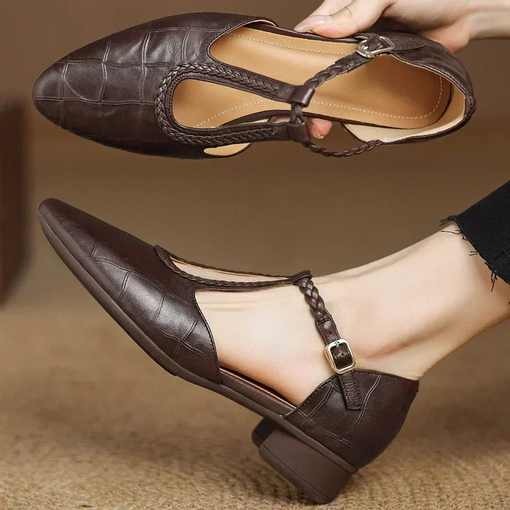 Greta – Classic Leather T-Bar Shoes with Braided Detail