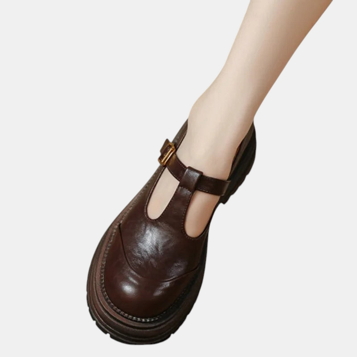Sapatos vintage T-bar castanhos Margaret Dublin com tira ajustável e sola robusta para um estilo elegante e feminino