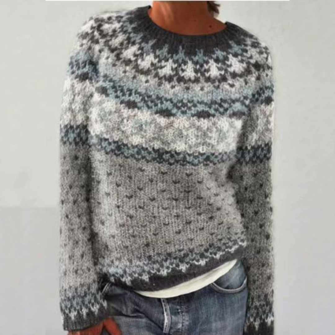 Kerstin | Grey-White Retro Jumper with Nordic Pattern