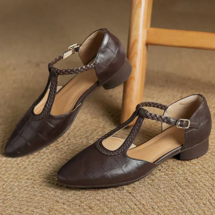 Greta – Classic Leather T-Bar Shoes with Braided Detail