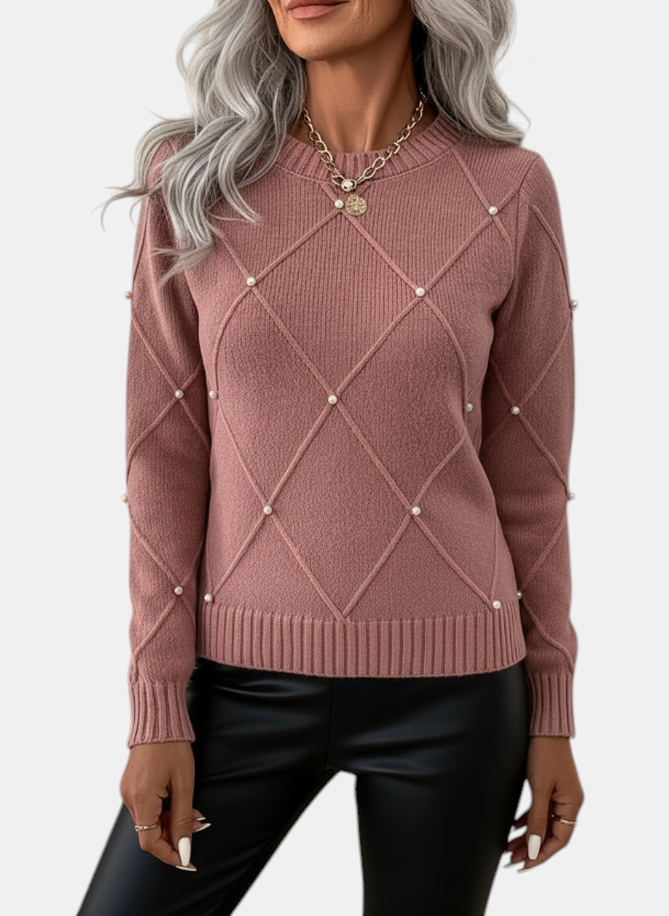 Margaret Dublin pink jumper with diamond pattern and applied pearls, round neck and soft knit.