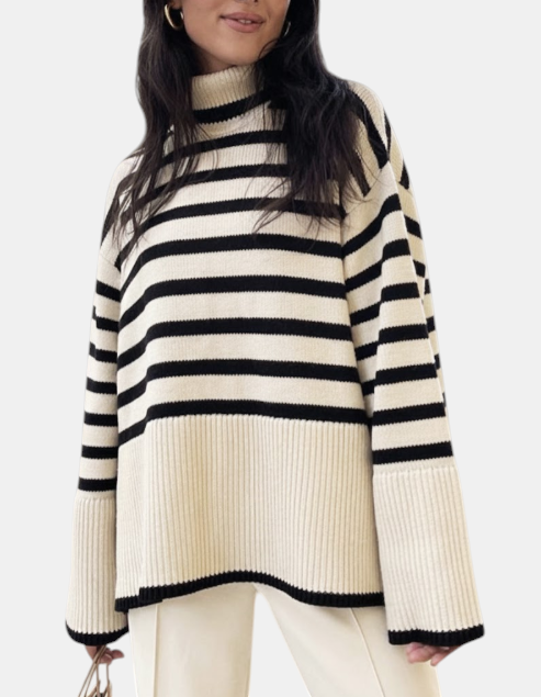 Margaret Dublin striped jumper with high neck and relaxed fit, in cream and black tones, smart-casual style.