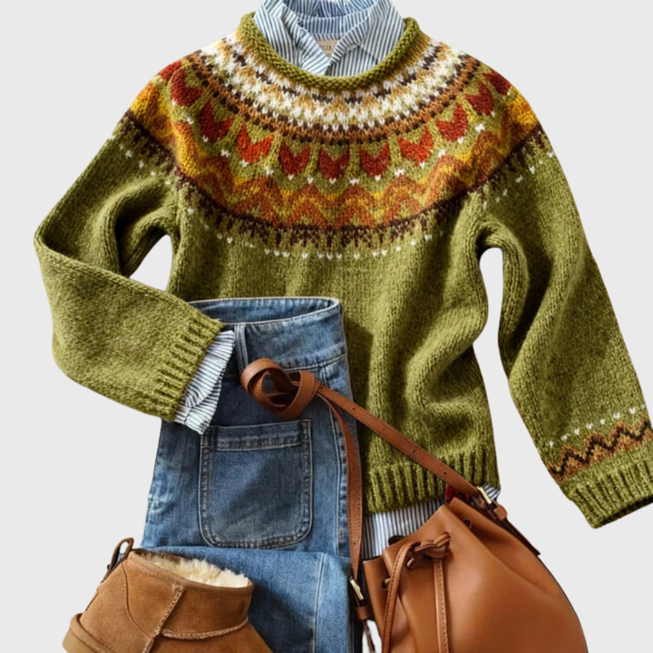 Ardena | Olive Green Classic Vintage Knit Jumper with Nordic Pattern