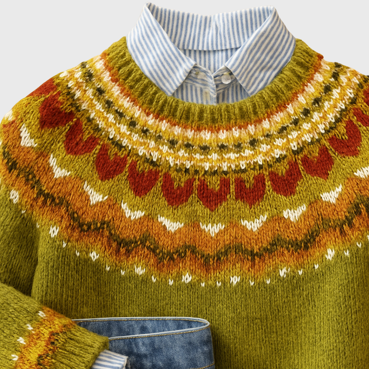 Ardena | Olive Green Classic Vintage Knit Jumper with Nordic Pattern