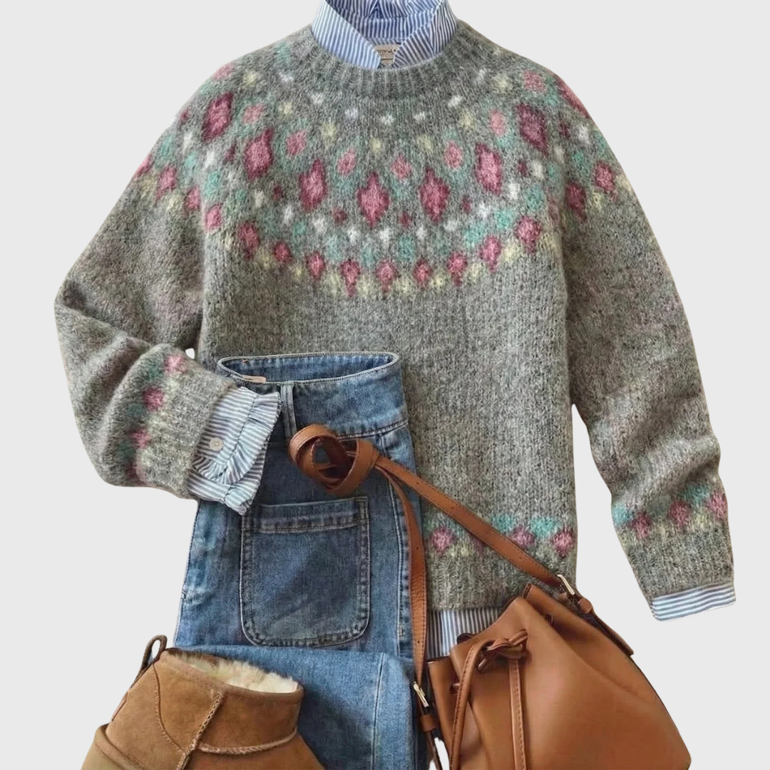 Lara | Grey Vintage Jumper with Blossom Pattern