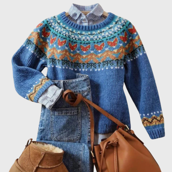Velve | Blue Classic Vintage Jumper with Nordic Pattern