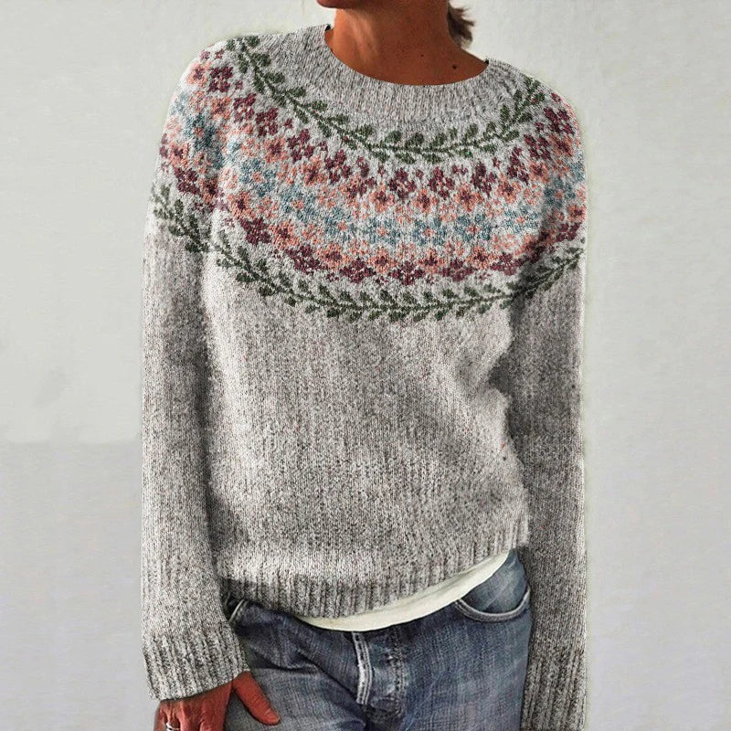 Inga | Grey Retro Jumper with Floral Pattern