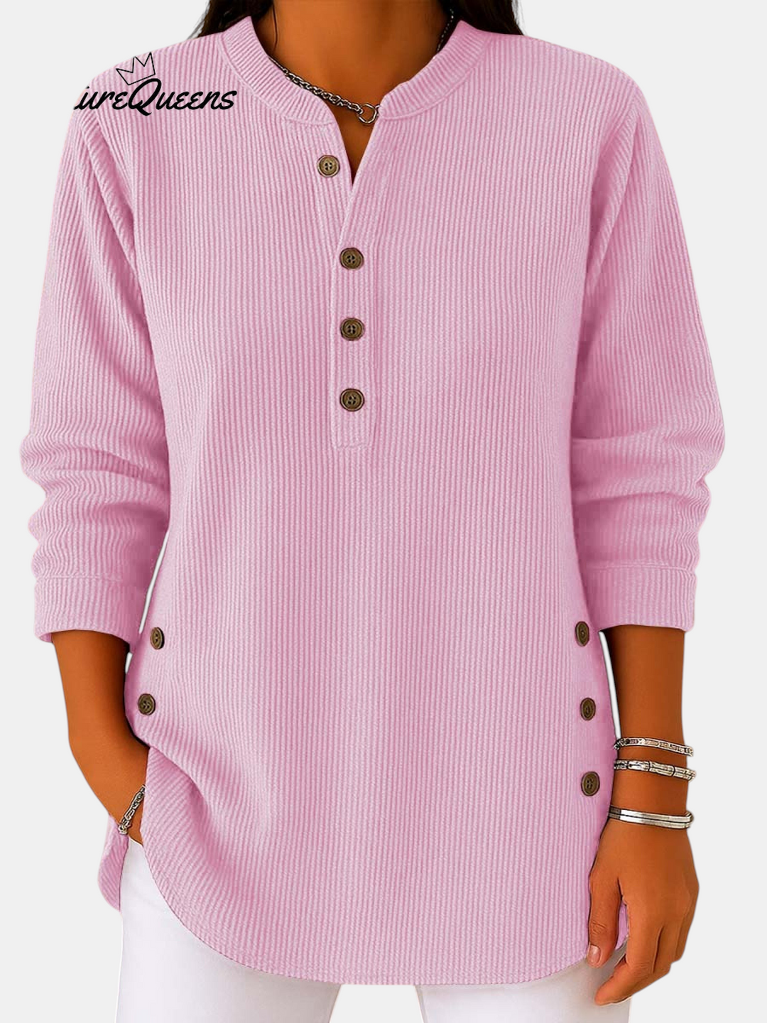 Margaret Dublin pink tunic with front and side buttons, lightweight ribbed fabric and elegant flowy cut.
