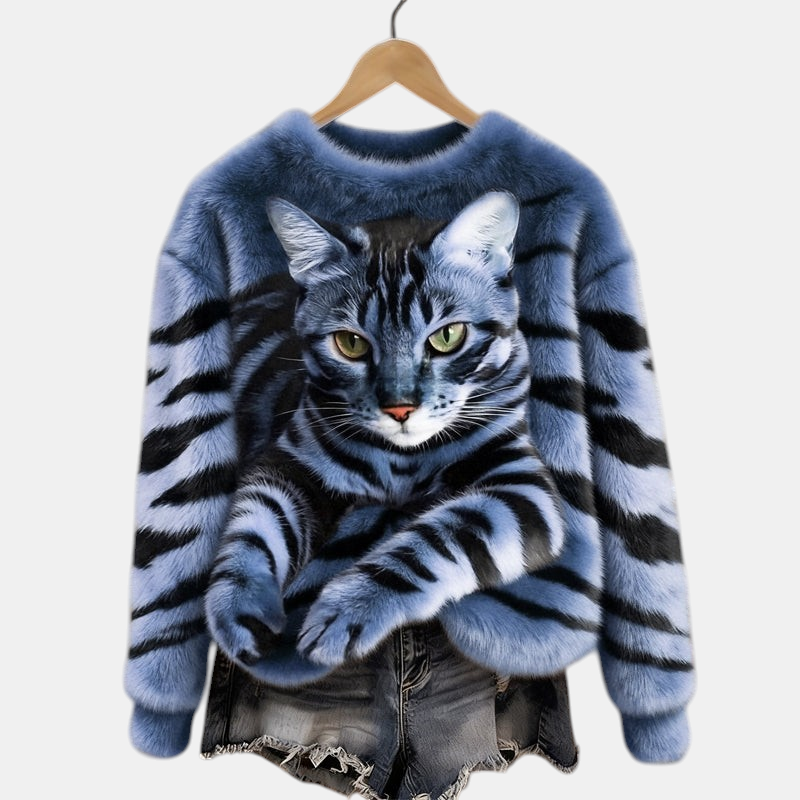 Camisola Margaret Dublin azul com estampa realista de gato, tecido macio e corte elegante de mangas compridas.