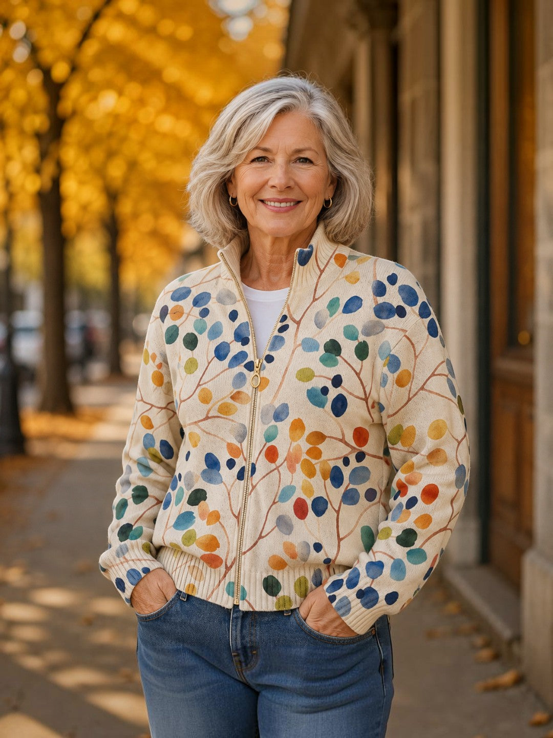 Consuelo | Knitted Cardigan with Multicolour Leaf Pattern