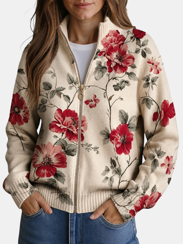 Cardigã de malha Margaret Dublin creme com estampado de rosas vintage em tons de vermelho e rosa e fecho frontal