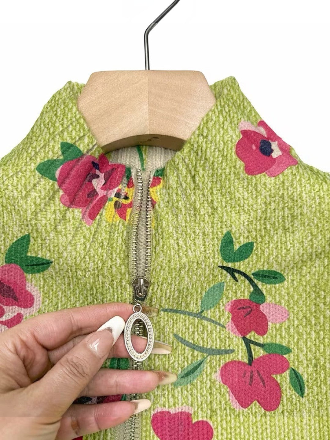 Mercedes | Green Knitted Cardigan with Floral Print