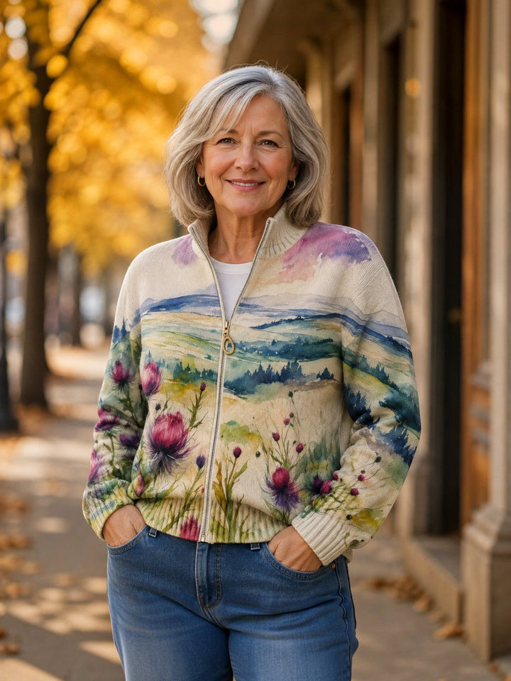 Montserrat | Cardigan with Thistle and Landscape Motif