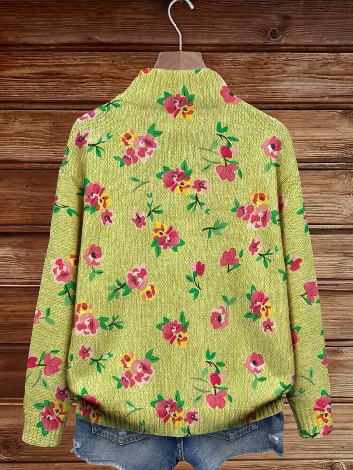 Mercedes | Green Knitted Cardigan with Floral Print