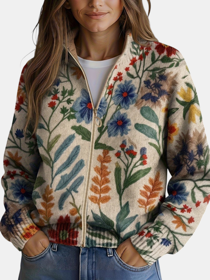 Cardigã de malha Margaret Dublin com estampado botânico floral em tons de creme, azul, verde e ferrugem com fecho dourado