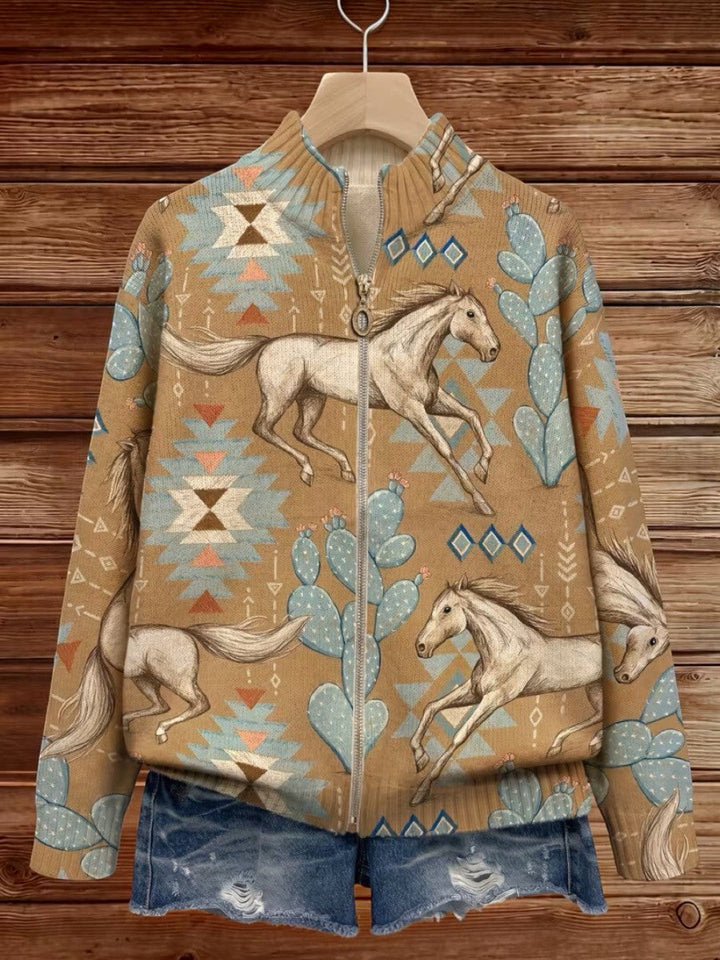 Aurora | Knitted Cardigan with Horse and Cactus Motif