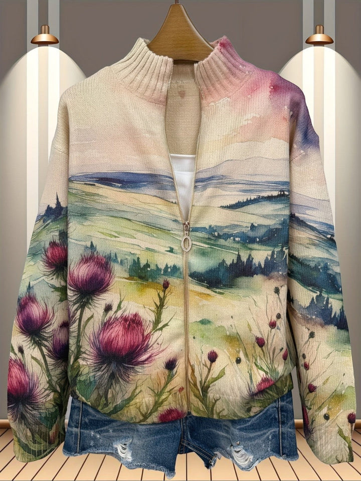 Montserrat | Cardigan with Thistle and Landscape Motif